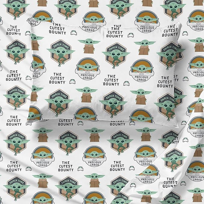 Jay Franco Kids Sheet Cartoon Set with Fitted, Flat Sheets & Pillow Cover - Ultra-Soft Bedding with Pillowcase for Room Decor, White - Mandalorian, 4 Piece Queen