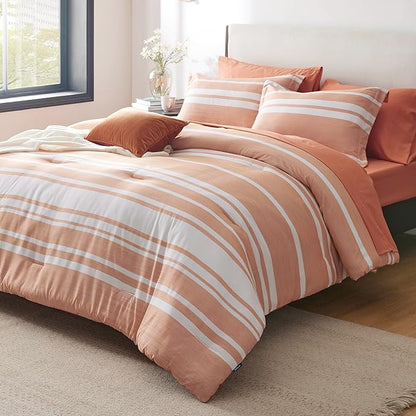 Bedsure Queen Comforter Set 7 Pieces, Burnt Orange Striped Bedding Set for All Seasons, Reversible, Cationic Dyeing Bed in a Bag with Comforter, Sheets, Pillowcases & Shams