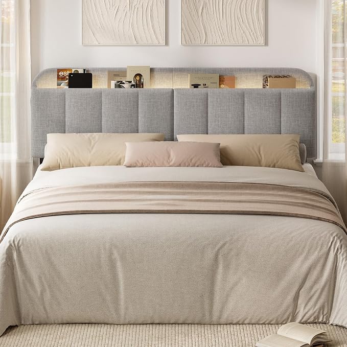 Headboard for King/California King Size Bed, Upholstered Bed HeadBoard with Storage, Linen Fabric Head Board with Vertical Channel Design, Height Adjustable, Easy to Assemble, Light Grey