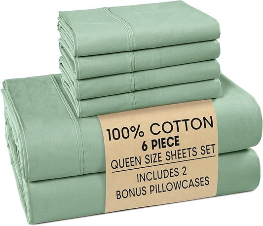 Casa Platino Queen Bed Sheets – 100% Cotton Sheets with 4 Pillowcases, Crisp Percale Weave & Cozy Feel, Cooling & Breathable Queen Sheet Set with 15" Deep Pocket, Excellent Quality & Fit – Sage Green