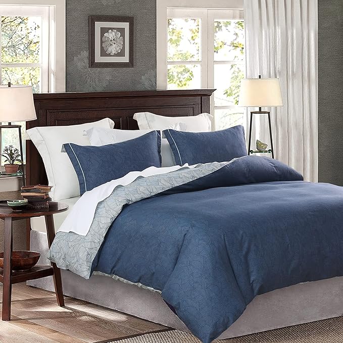 SLEEPBELLA Duvet Cover Twin Size, 600 Thread Count Cotton Navy & Grey Printed with Luxurious Blue Leaves Pattern Reversible Botanical Comforter Cover Sets, Bedding Set 2Pcs (Twin, Navy-Blue Leaves)