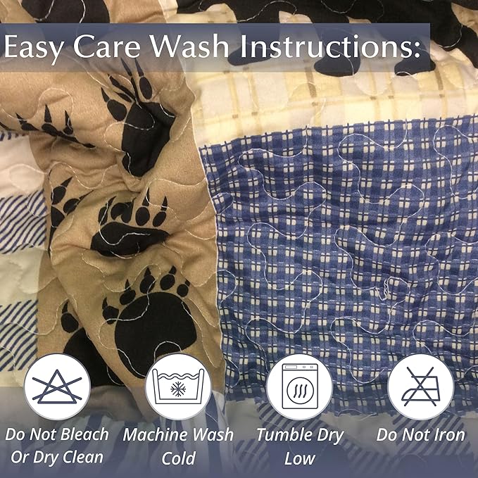 Virah Bella 2 Piece Twin Lodge Quilt Bedding Set - Black Bear Plaid - Rustic Cabin Country Reversible Camping Comforter Set with Decorative Pillow Shams, Blue/Black