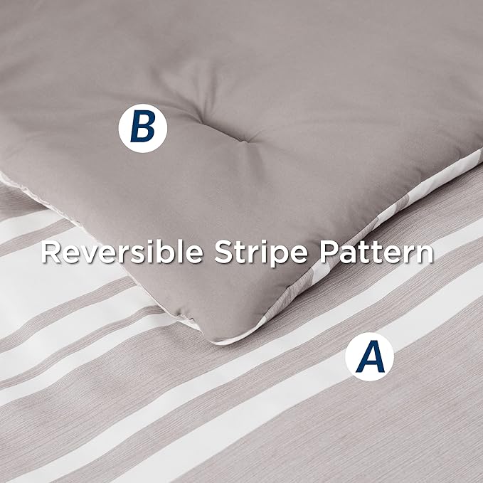 Bedsure Queen Comforter Set 7 Pieces, Taupe Striped Bedding Set for All Seasons, Reversible, Cationic Dyeing Bed in a Bag with Comforter, Sheets, Pillowcases & Shams