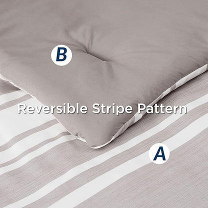 Bedsure Queen Comforter Set 7 Pieces, Taupe Striped Bedding Set for All Seasons, Reversible, Cationic Dyeing Bed in a Bag with Comforter, Sheets, Pillowcases & Shams