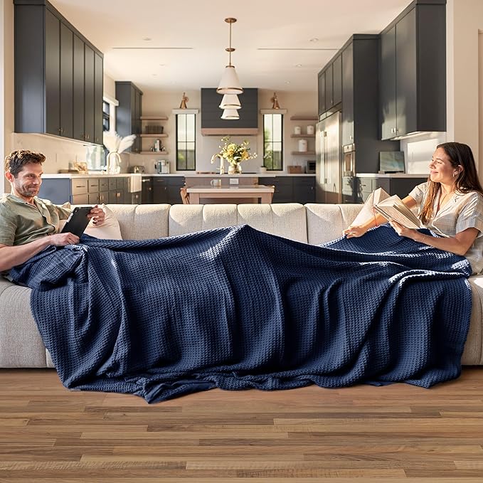 Bedsure Gentlesoft 100% Cotton Blanket King Size for Bed - Breathable and Soft for Spring Summer, Thick Cozy Waffle Weave Blanket Gifts for Women, Pageant Blue, 104x90 inches
