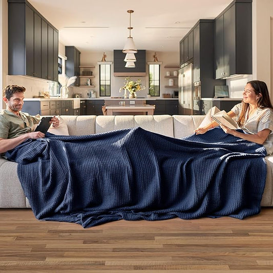 Bedsure Gentlesoft 100% Cotton Blanket Queen Size for Bed - Breathable and Soft for Spring Summer, Thick Cozy Waffle Weave Blanket Gifts for Women, Pageant Blue, 90x90 Inches