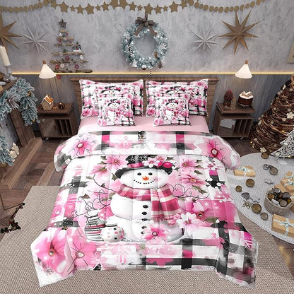 Castle Fairy Kawaii Snowman 7 Pieces Bedding Set King Bed in a Bag,Pink Cherry Blossom Winter Flowers Comforter Set,Modern Abstract Soft Warm Microfiber Bedding