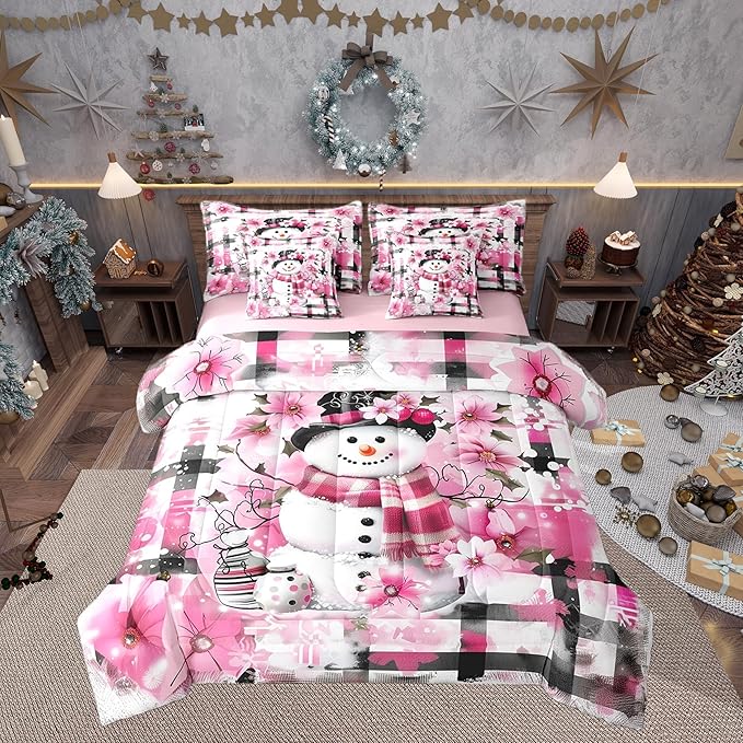 Castle Fairy Kawaii Snowman 7 Pieces Bedding Set Queen Bed in a Bag,Pink Cherry Blossom Winter Flowers Comforter Set,Modern Abstract Soft Warm Microfiber Bedding