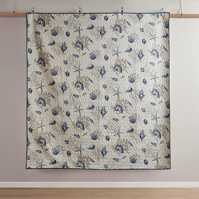 Madison Park Quilt Set Cottage Coastal Design, Starfish Print - All Season, Coverlet Bedspread Lightweight Bedding Layer, Shams, Toss Pillows, Twin/Twin XL(68"x90"), Bayside Blue/Ivory 5 Piece