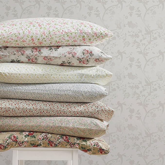 Laura Ashley - Queen Sheets, Cotton Percale Bedding Set, Lightweight & Breathable Home Decor (Ashfield Pink, Queen)