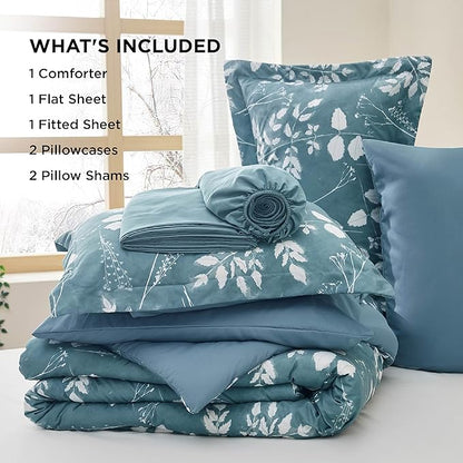 Bedsure Full Size Comforter Set - 7 Pieces Floral Mineral Blue Soft Bedding Sets, Full Bed in a Bag with Botanical Flowers Comforter, Sheets, Pillowcases & Shams