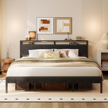 LIKIMIO California King Bed Frame with Headboard, Dark Wood Camas California King with Strong Supports, Sturdy, Noise-Free, No Box Spring Needed, Black