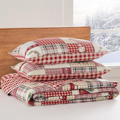 Levtex Home - Home for Christmas Bedspread Set - Full Bedspread and Two Standard Shams - Patchwork - Green Red Taupe Cream - Bedspread (96X106in.) and Shams (20x26in.) - Cotton