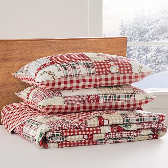 Levtex Home - Home for Christmas Bedspread Set - Queen Bedspread and Two Standard Shams - Patchwork - Green Red Taupe Cream - Bedspread (110X106in.) and Shams (20x26in.) - Cotton