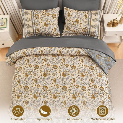 Dinjoy Comforter Set King Size Boho, Reversible Beige Bedding Paisley Floral 7 Piece Bed in a Bag Soft Lightweight Bohemain Comforters with Sheet Sets for All Season