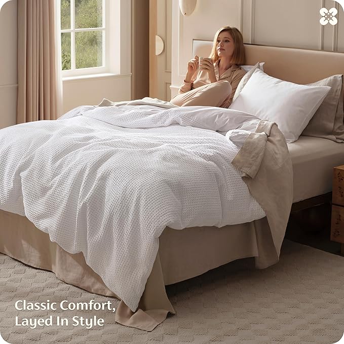 Bedsure Cotton Duvet Cover King Size - 100% Cotton Waffle Weave Bright White Duvet Cover, PureWoven Textured Breathable Bedding Comforter Cover for All Season, 1 Duvet Cover Only 104"x90"