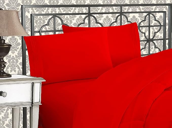 Elegant Comfort Luxurious 1500 Premium Hotel Quality Microfiber Three Line Embroidered Softest 4-Piece Bed Sheet Set, Wrinkle and Fade Resistant, California King, Red