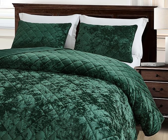 Chezmoi Collection Lux Forest Green Velvet Quilt King Set, 3-Piece Plush Distressed Velvet Bedding All Season Lightweight Comforter Brushed Microfiber Reverse with Diamond Stitch Quilting