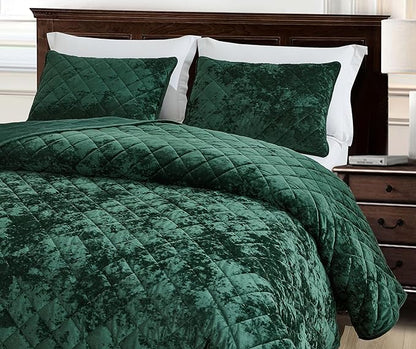 Chezmoi Collection Lux Forest Green Velvet Quilt King Set, 3-Piece Plush Distressed Velvet Bedding All Season Lightweight Comforter Brushed Microfiber Reverse with Diamond Stitch Quilting