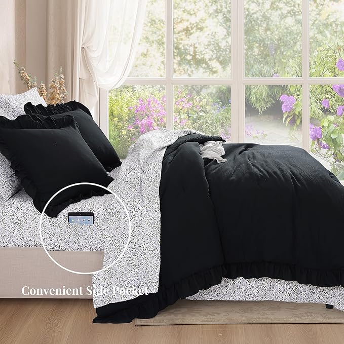 Full Comforter Set - 7 Pieces Ruffle Black Bedding Sets, Shabby Chic Farmhouse Bed in a Bag Full with Ruffle Comforter, Floral Sheets, Pillowcases & Shams