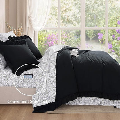 Queen Comforter Set - 7 Pieces Ruffle Black Bedding Sets, Shabby Chic Farmhouse Bed in a Bag Queen with Ruffle Comforter, Floral Sheets, Pillowcases & Shams