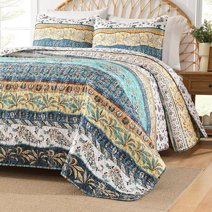 Boho Style King Quilt Set Yellow Bohemian Floral Strip Quilt Beddding Set, Soft and Lightweight Bedspread for All Season, Oversize King Bed Coverlet with 2 Matching Pillow Shams (3 Pieces)