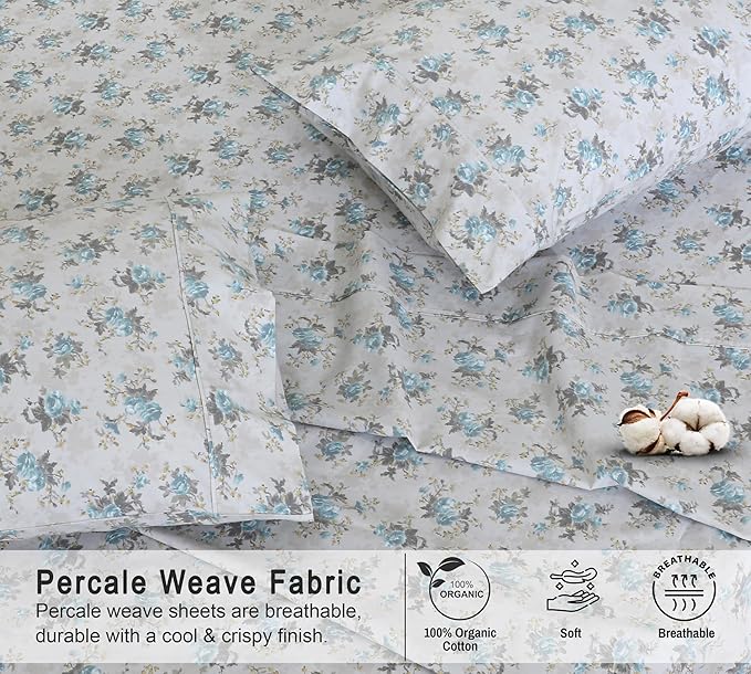 RUVANTI 100% Organic Cotton Sheets Twin XL, Percale Weave, GOTS Certified, 3-Piece Set, Deep Pocket 15", Crisp & Breathable, Soft Durable Bedding, Sábanas Algodón Orgánico – Blue Rose