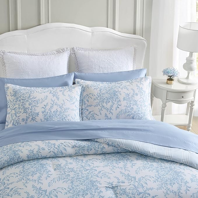 Laura Ashley- Twin Comforter Set, Cotton Reversible Bedding Set with Matching Sham(s), Farmhouse Home Décor (Bedford Blue, Twin)