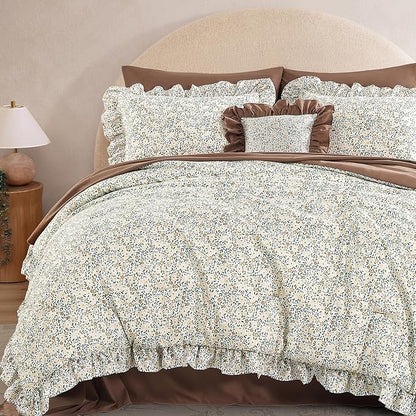 King Comforter Set - 7 Pieces Ruffle Beige Ditzy Bedding Sets, Shabby Chic Farmhouse Bed in a Bag King with Floral Comforter, Sheets, Pillowcases & Shams