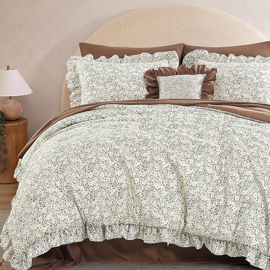 Queen Comforter Set - 7 Pieces Ruffle Beige Ditzy Bedding Sets, Shabby Chic Farmhouse Bed in a Bag Queen with Floral Comforter,Sheets, Pillowcases & Shams