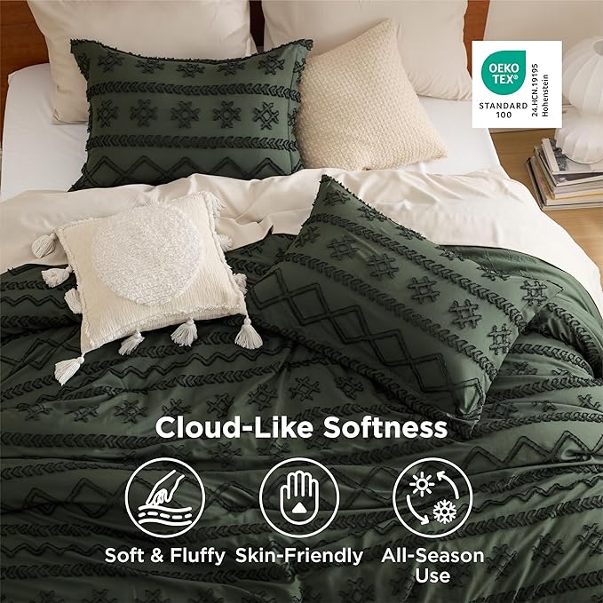 Bedsure Tufted Boho Comforter Set Queen Size - Olive Green Boho Bed Set, GentleSoft™ 3 Pieces Farmhouse Shabby Chic, Home Decor Bedding, Gifts for Woman, Soft Jacquard Queen Comforter for All Seasons