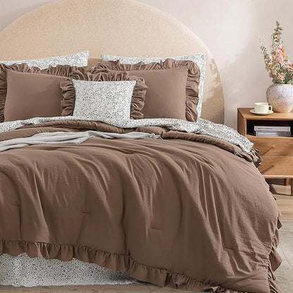 Full Comforter Set - 7 Pieces Ruffle Amber Brown Bedding Sets, Shabby Chic Farmhouse Bed in a Bag with Ruffle Comforter, Floral Sheets, Pillowcases & Shams