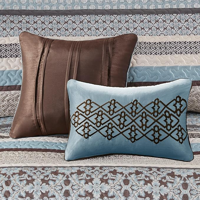 Madison Park Princeton Reversible Quilted Bedspread Set, Solid Reverse Summer Breathable, Lightweight All Season Bedding Layer, Matching Shams, Bedspread Queen(102"x118"), Blue 5 Piece