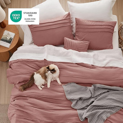 Bedsure California King Comforter Set - 4 Pieces Pinch Pleat Bed Set, Dusty Pink Boho Bedding for All Season, 1 Soft Comforter, 2 Pillowcases, 1 Decorative Pillow