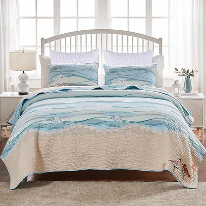 Greenland Home Maui Embroidered Coastal Quilt Set with Euro Shams, Full/Queen (5-Piece)