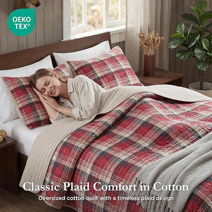 Woolrich Reversible Quilt Cabin Lifestyle Design - All Season, Breathable Coverlet Bedspread Bedding Set, Matching Shams, Oversized Full/Queen, Tasha Plaid Red/Tan 3 Piece
