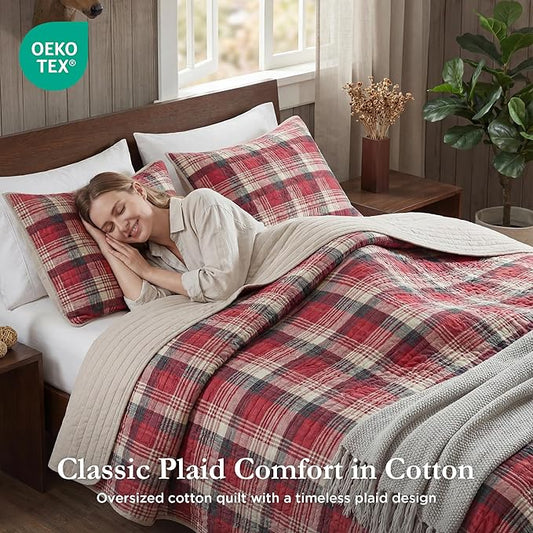 Woolrich Reversible Quilt Cabin Lifestyle Design - All Season, Breathable Coverlet Bedspread Bedding Set, Matching Shams, Oversized Full/Queen, Tasha Plaid Red/Tan 3 Piece