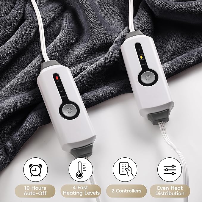 Electric Heated Blanket King Size 90"×100", Comfortable & Luxurious Flannel, 4 Heating Levels & 10 H Auto Shut Off, Dark Grey