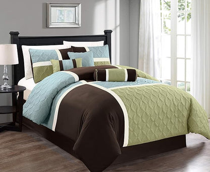 Chezmoi Collection Upland 7-Piece Quilted Patchwork Comforter Set, Coffee Brown/Aqua Blue/Sage Green, Oversized King