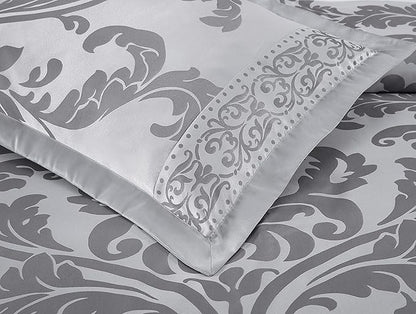 Chezmoi Collection 7-Piece Jacquard Floral Comforter Set (Queen, Silver/Gray)