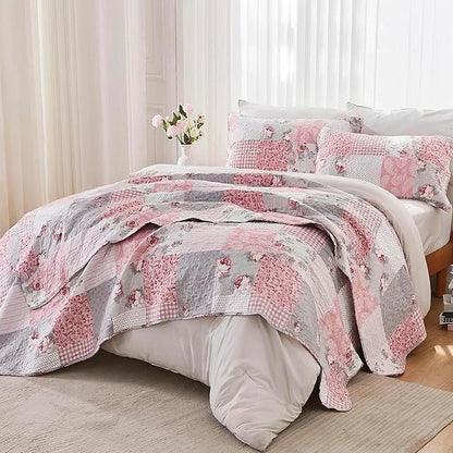 Oversized Alaska King Size Quilt Set Pink Grey Floral Plaid Patchwork Quilt 132x120 Extra Wide Super Reversible Quilted Bedspread Coverlet 3-Piece Comforter Bedding Set Bed Cover with 2 Pillow Shams | Oversized King Quilt, Alaska King Quilt, Pink Patch...
