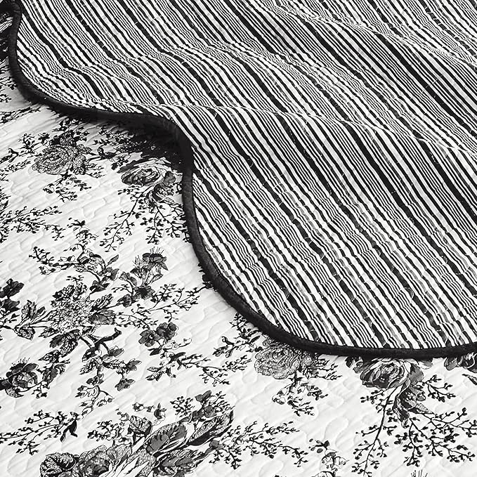 Wonderful 100% Cotton Black Floral Quilt Set Queen Size Bedding Sets with Pillow Shams and Bed Skirt, 4 Pieces Floral Bedspread Coverlet Set, Quilted Blanket Bed Cover for All Season, 88"x90"
