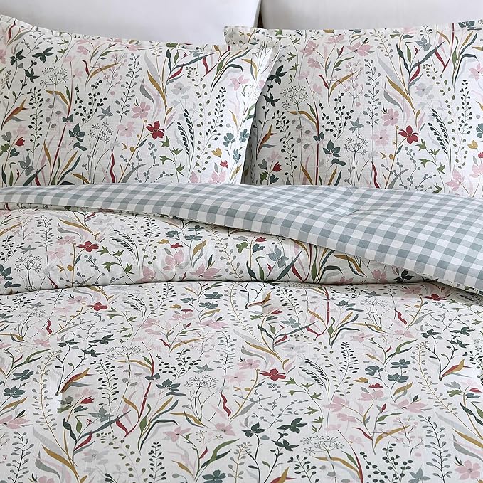 Eddie Bauer - King Comforter Set, Reversible Cotton Bedding with Matching Shams, Classic Floral Home Decor with Plaid Reverse (Woodland Forest Grey, King)