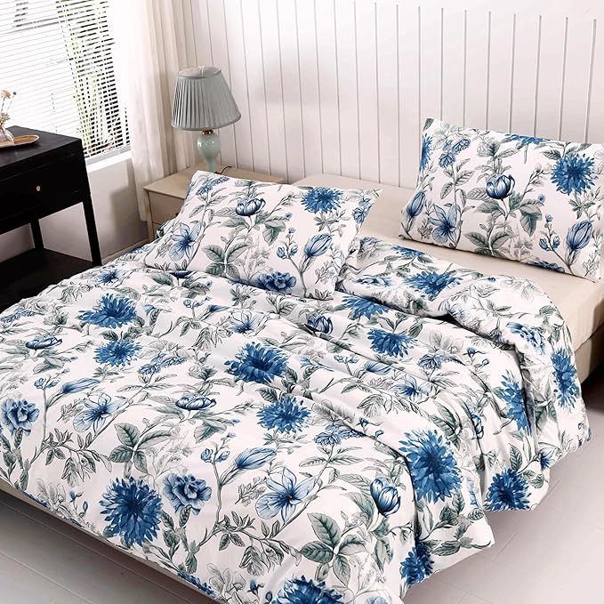 SDIII Blue Floral Comforter Set Twin 3 Pieces, Soft Microfiber Twin Comforter Floral, Vintage Blue Cornflower Bedding Set All Season