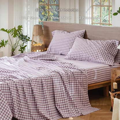 MooMee Gingham Sheet Set 100% Washed Cotton Linen Like Textured Breathable Soft w/Fully Elasticized 16-19" Deep Pocket (Classic Gingham Light Purple, Queen)