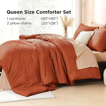 Litanika Burnt Orange Queen Comforter Set, 3 Pieces Terracotta Tufted Boho Farmhouse Bedding Comforter Sets, Lightweight Fluffy Comforter Bed Set for All Season (90x90In Comforter and 2 Pillowcases)