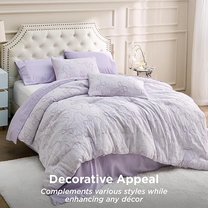 Bedsure Lavender Comforter Set Queen, GentleSoft™ 3 Pieces Breathable Bow Comforter Set Women Girls with 2 Pillow Shams, Cute Queen Bedding Sets Room Decor Aesthetic Bedroom Decor, 90x90 Inches