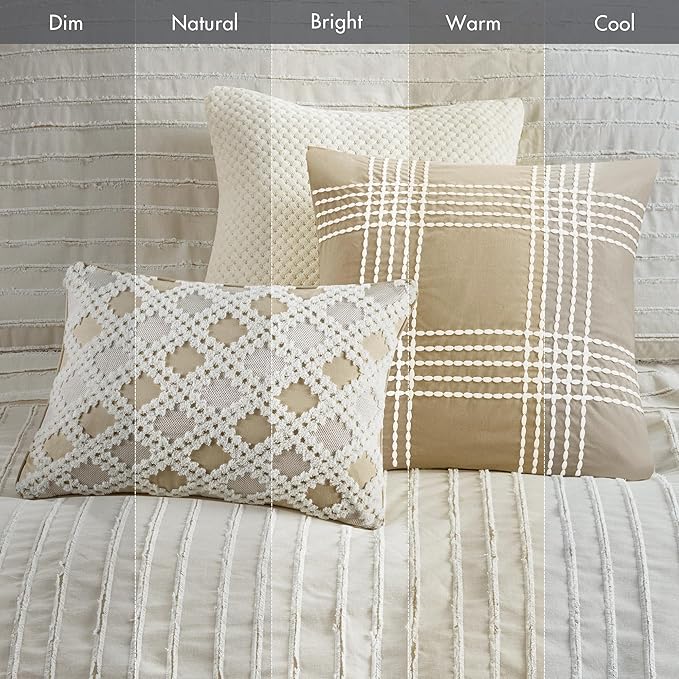 Madison Park King Comforter Set Clipped Jacquard Stripes with Buttons Boho Comforter for a King-Size Bed, Cotton Oversized Comforters with Removable Cover Boho Bedding, King Ivory 9 Piece