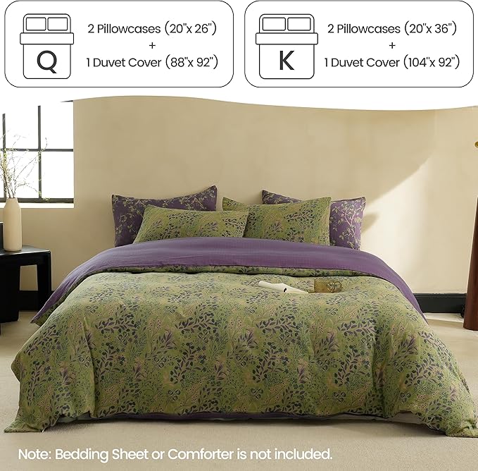 BISELINA 100% Cotton Muslin Duvet Cover Set King, 3 Pcs Yarn-Dyed Jacquard Textured Reversible Floral Design, Soft and Breathable Bedding Set with Zipper Closure, Green Purple