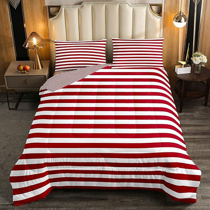 Girl Stripe Comforter Set Queen Size Red White Ticking Stripes Bedding Set Bedroom Decor Horizontal Striped Lines Reversible Down Comforter for Kids Women Modern Abstract Soft Lightweight Duvet Set